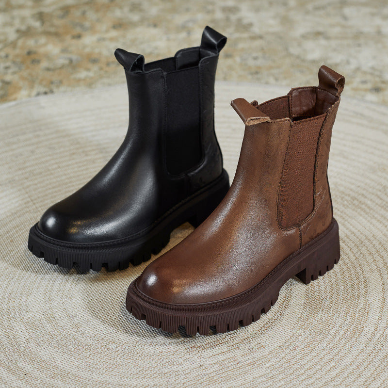 Women Retro Figured Leather Patchwork Casual Boots Newgew Shoes