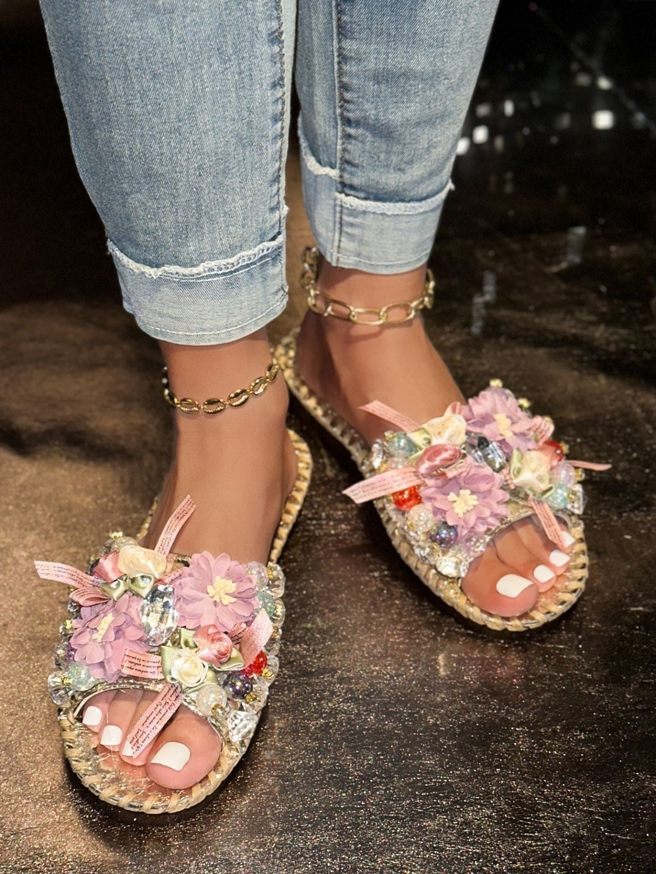 Fashion All-match Crystal Gem Flat Slippers NewGew