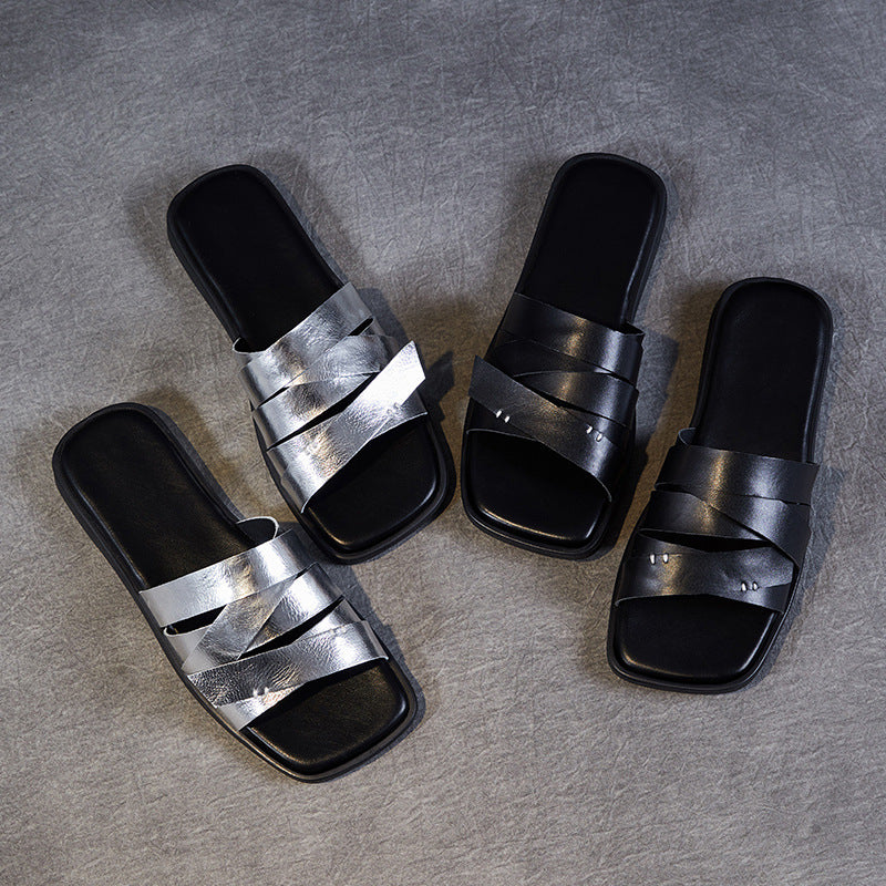 Women Soft Leather Retro Summer Casual Slides Sandals Newgew Shoes