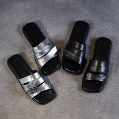 Women Soft Leather Retro Summer Casual Slides Sandals Newgew Shoes