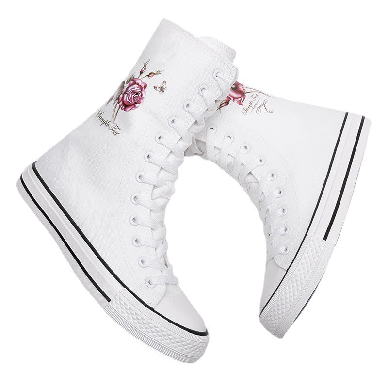 Women's Front Side Zipper Rose Pattern Canvas Shoes Newgew