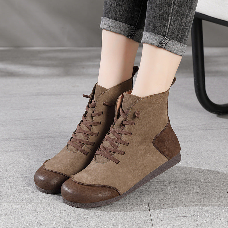 Women Retro Frosted Cowhide Patchwork Flat Boots Newgew Shoes
