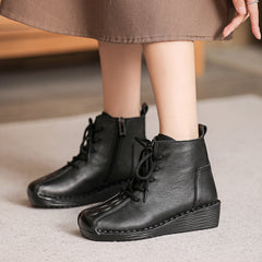 Women Minimalist Leather Furred Low Wedge Boots Newgew Shoes