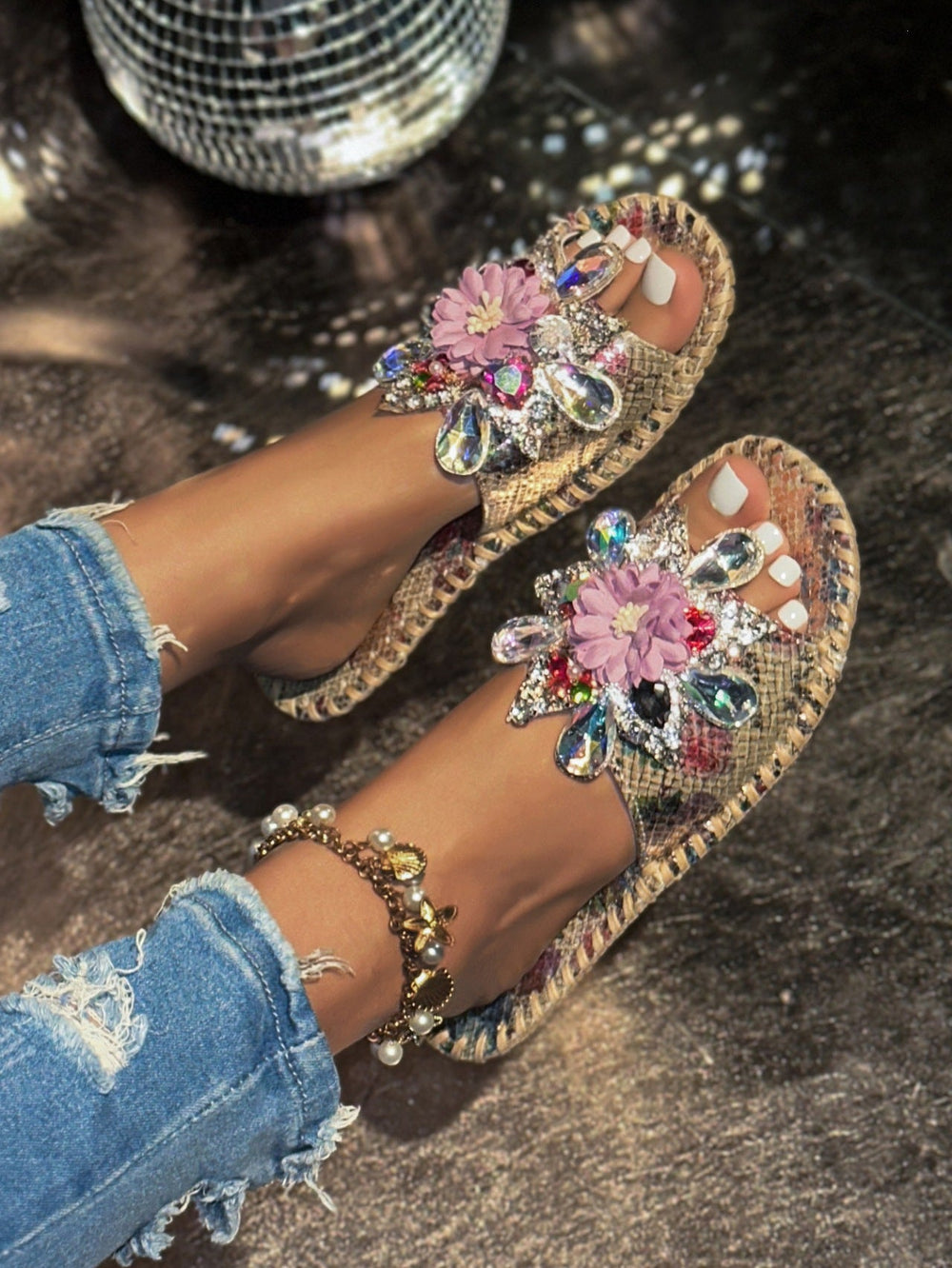Fashion All-match Crystal Gem Flat Slippers NewGew