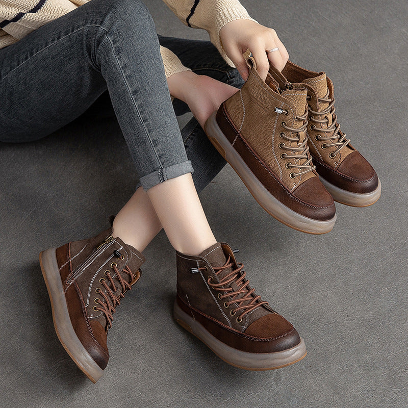 Women Retro Color Matching Patchwork Leather Boots Newgew Shoes