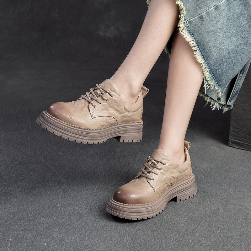 Women Retro Pleated Leather Thick Soled Casual Shoes Newgew Shoes