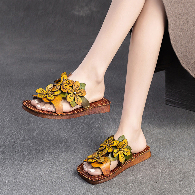 Women Retro Casual Flower Leather Flat Slides Newgew Shoes