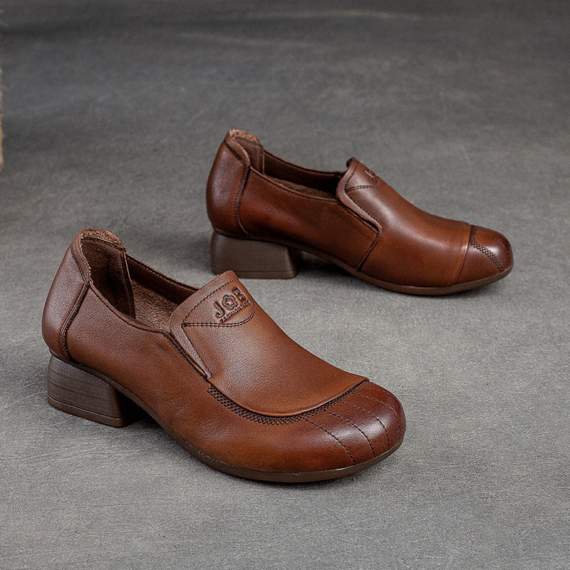 Women Retro Leather Chunky Heel Casual Shoes Newgew Shoes