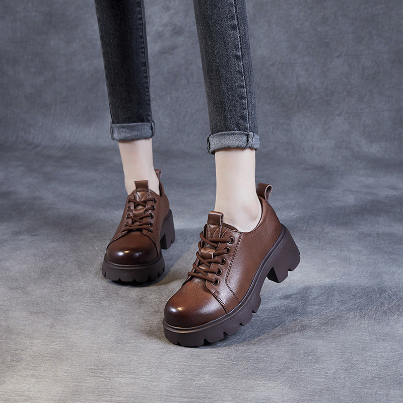 Women Retro Minimalist Leather Chunky Heel Casual Shoes Newgew Shoes