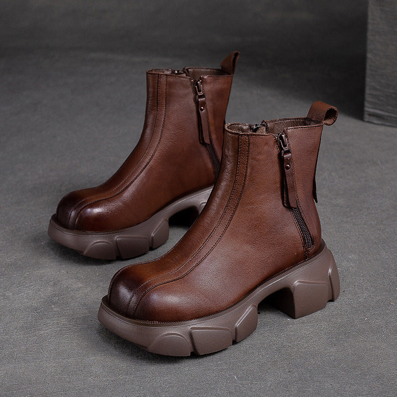 Women Retro Minimalist Casual Leather Chunky Heel Boots Newgew Shoes