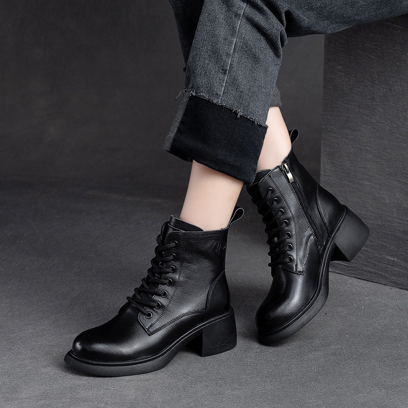Women Retro Classic Leather Patchwork Chunky Heel Boots Newgew Shoes