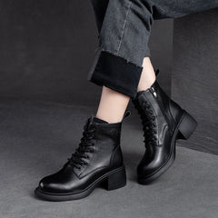 Women Retro Classic Leather Patchwork Chunky Heel Boots Newgew Shoes