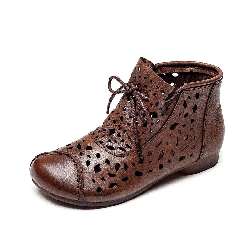 Women Retro Casual Hollow Leather Flat Ankle Boots Newgew Shoes