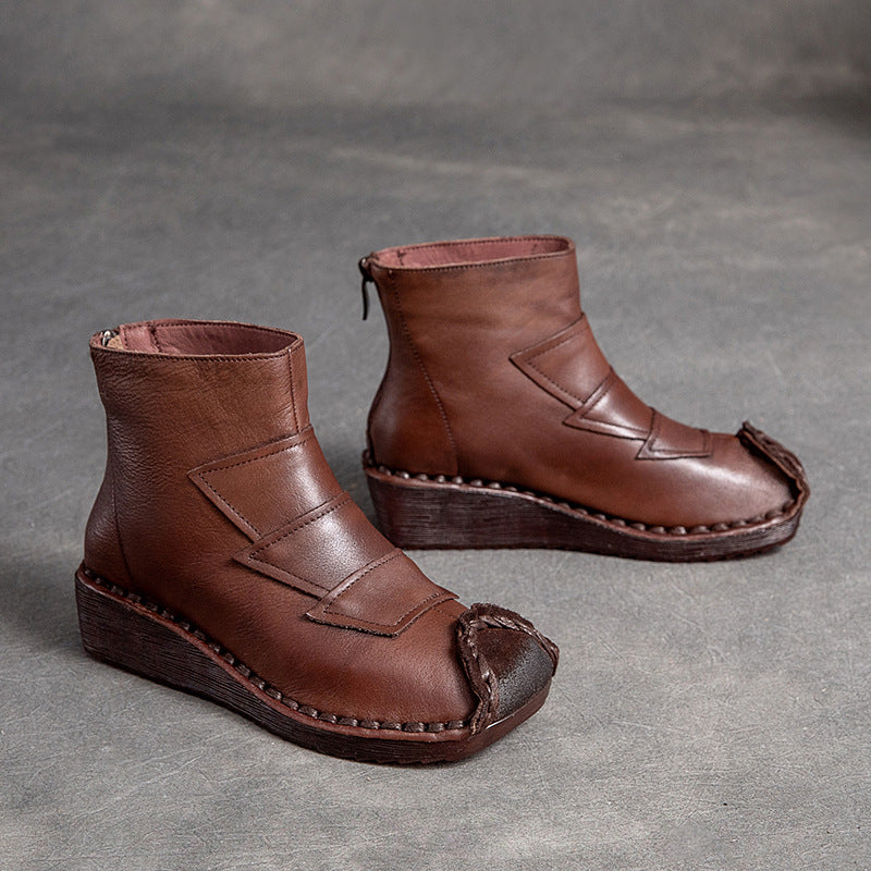 Women Retro Cowhide Low Wedge Casual Boots Newgew Shoes