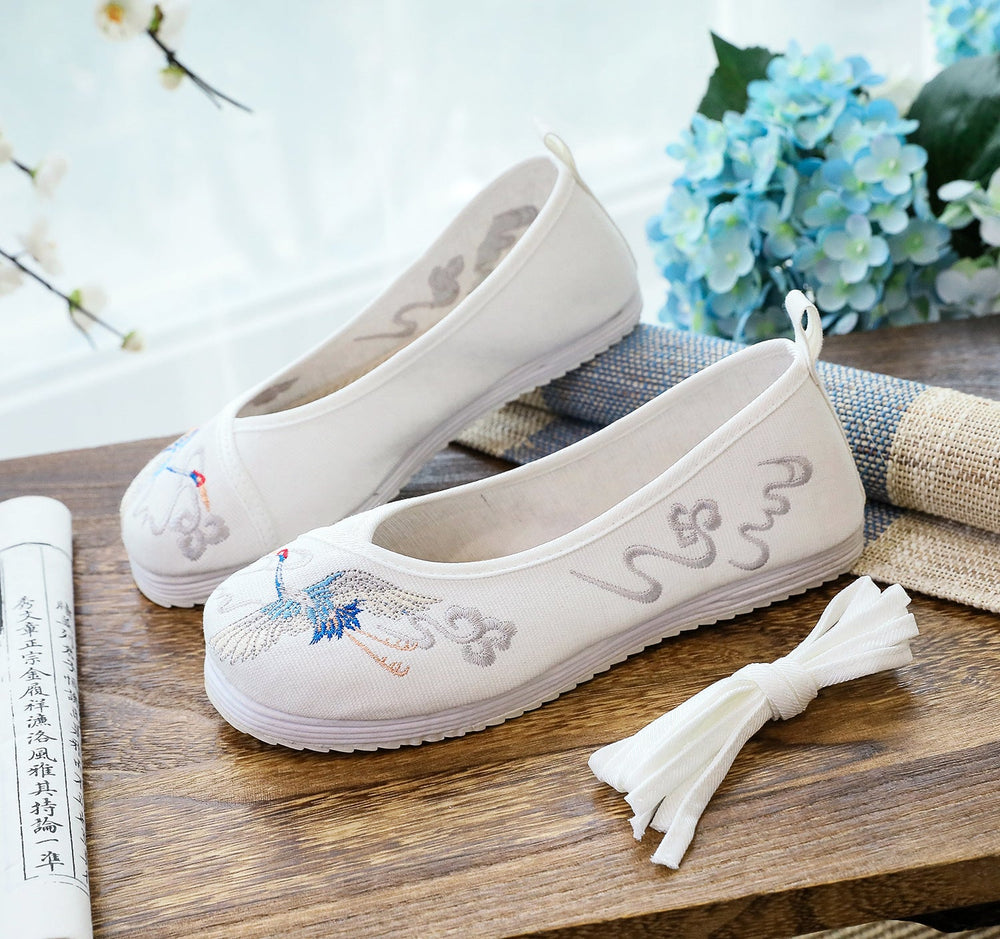 Women's Low Pumps Low-cut Embroidered Cotton One-word Canvas Shoes Newgew