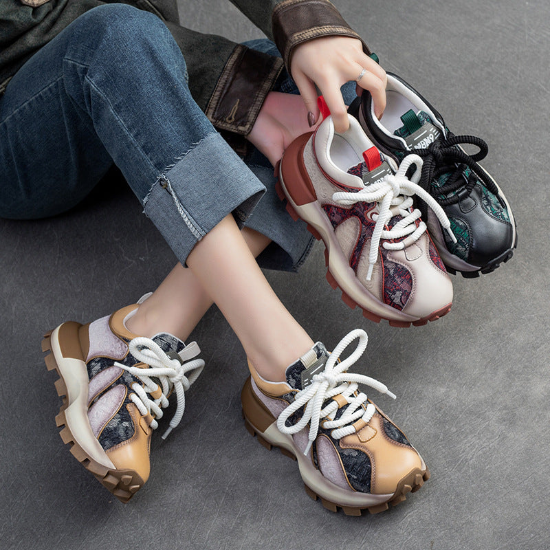 Women Fashion Color Matching Leather Lug Sole Casual Shoes Newgew Shoes
