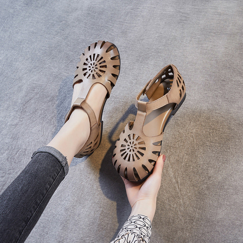 Women Retro Casual Leather Velcro Flat Sandals Newgew Shoes