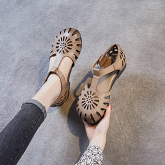 Women Retro Casual Leather Velcro Flat Sandals Newgew Shoes