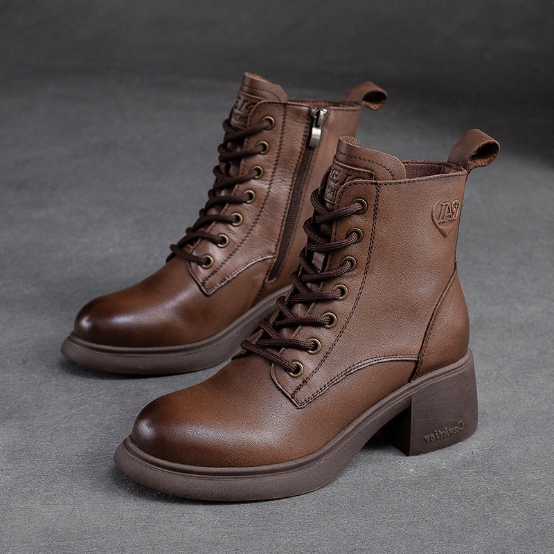 Women Retro Classic Leather Patchwork Chunky Heel Boots Newgew Shoes