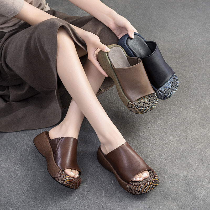 Women Retro Soft Leather Casual Thick Soled Slides Newgew Shoes