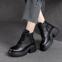 Women Retro Casual Leather Chunky Heel Boots Newgew Shoes