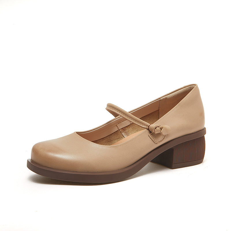 Women Retro Leather Chunky Heel Casual Shoes Newgew Shoes