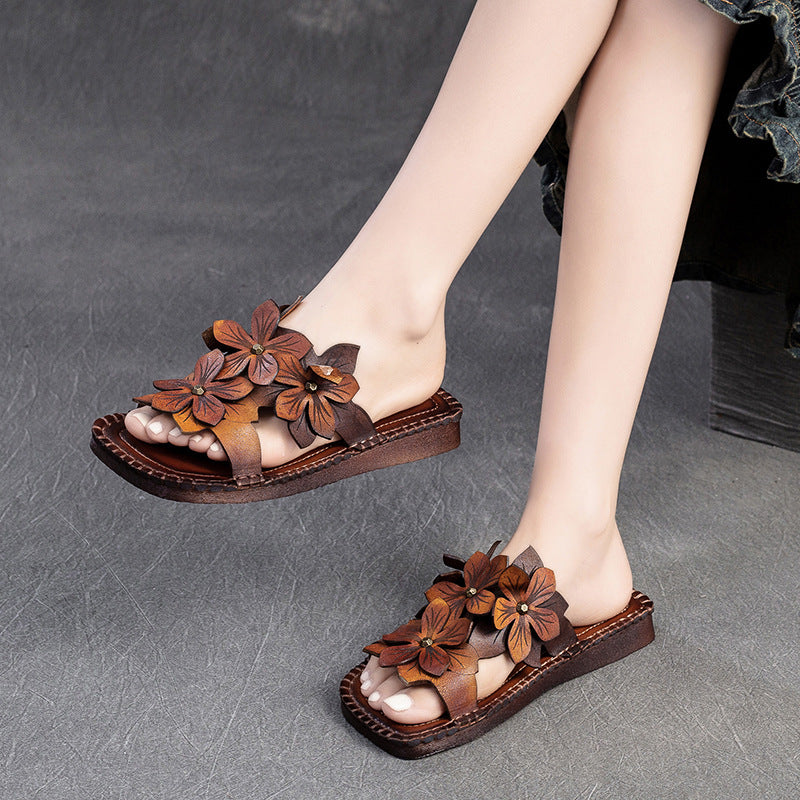Women Retro Casual Flower Leather Flat Slides Newgew Shoes
