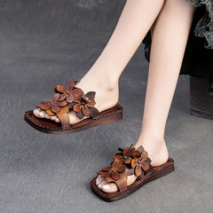 Women Retro Casual Flower Leather Flat Slides Newgew Shoes