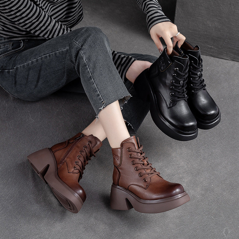 Women Retro Casual Leather Chunky Heel Boots Newgew Shoes
