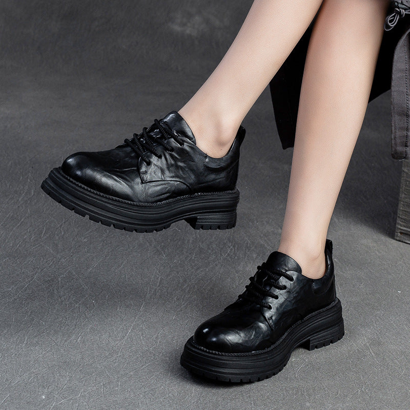 Women Retro Pleated Leather Thick Soled Casual Shoes Newgew Shoes