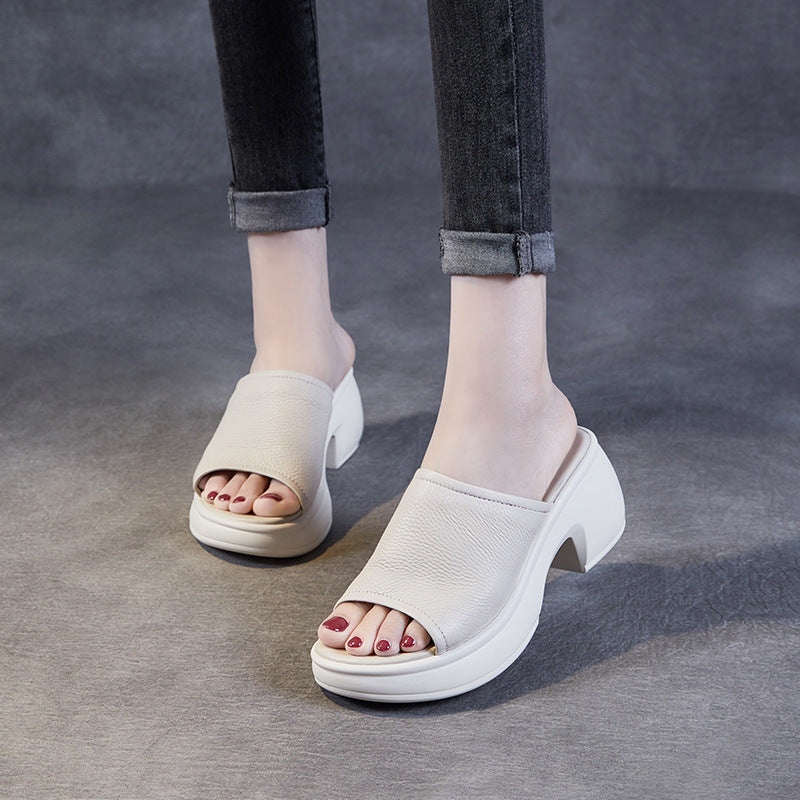 Women Minimalist Leather Chunky Heel Slides Sandals Newgew Shoes