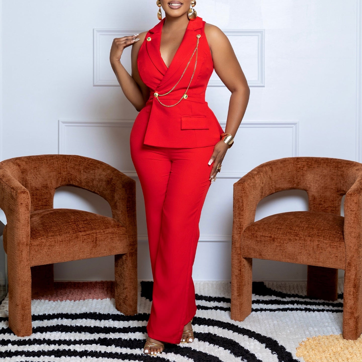 One Piece Ruffled Sleeveless Business Jumpsuit Newgew