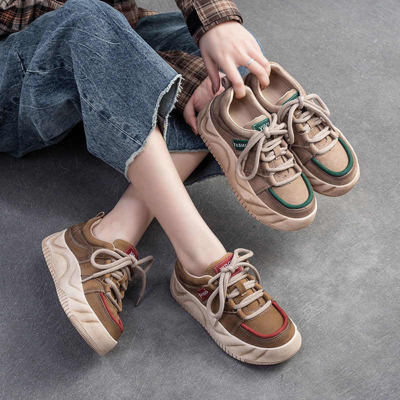 Women Retro Patchwork Leather Thick Soled Casual Shoes Newgew Shoes