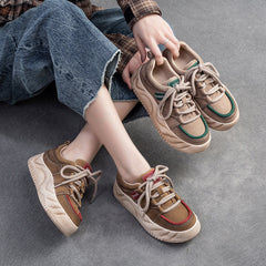 Women Retro Patchwork Leather Thick Soled Casual Shoes Newgew Shoes