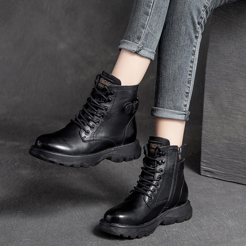 Women Retro Leather Flat Thick Soled Casual Boots Newgew Shoes