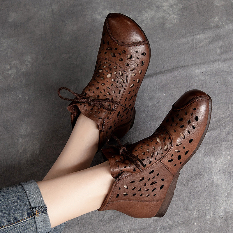 Women Retro Casual Hollow Leather Flat Ankle Boots Newgew Shoes