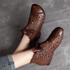Women Retro Casual Hollow Leather Flat Ankle Boots Newgew Shoes