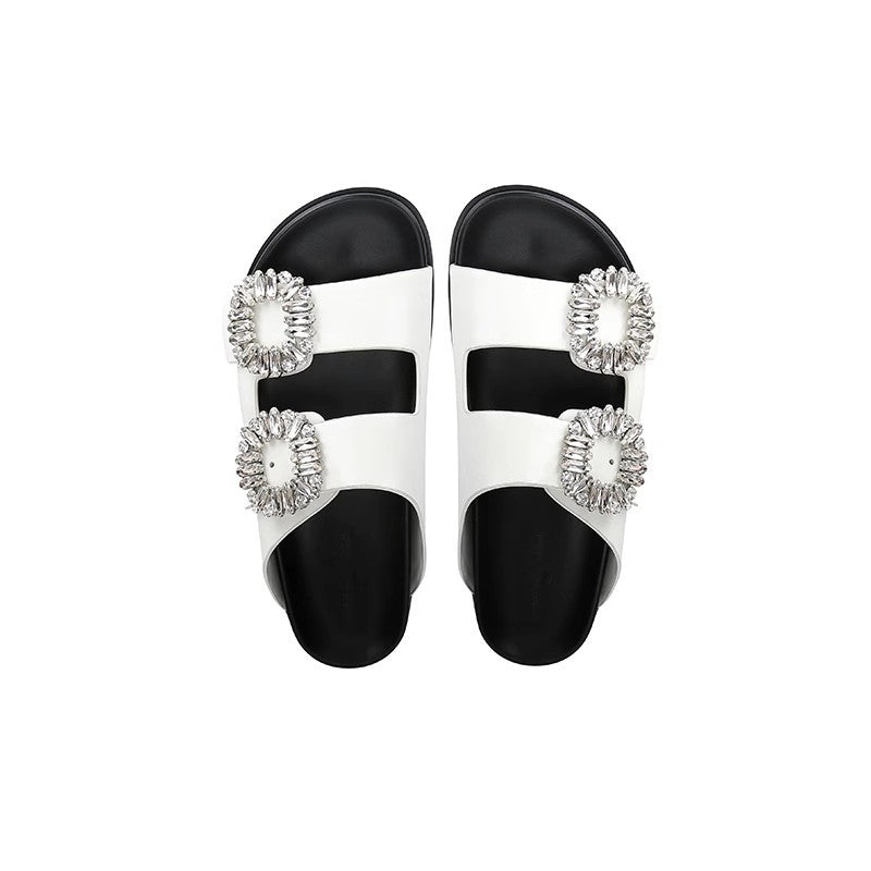 Rhinestone Genuine Leather Double-Strap Slippers Newgew