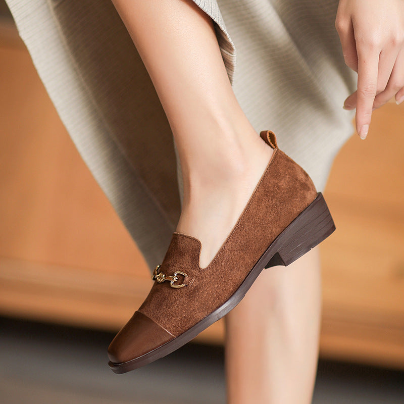Women Retro Leather Square Head Casual Loafers Newgew Shoes