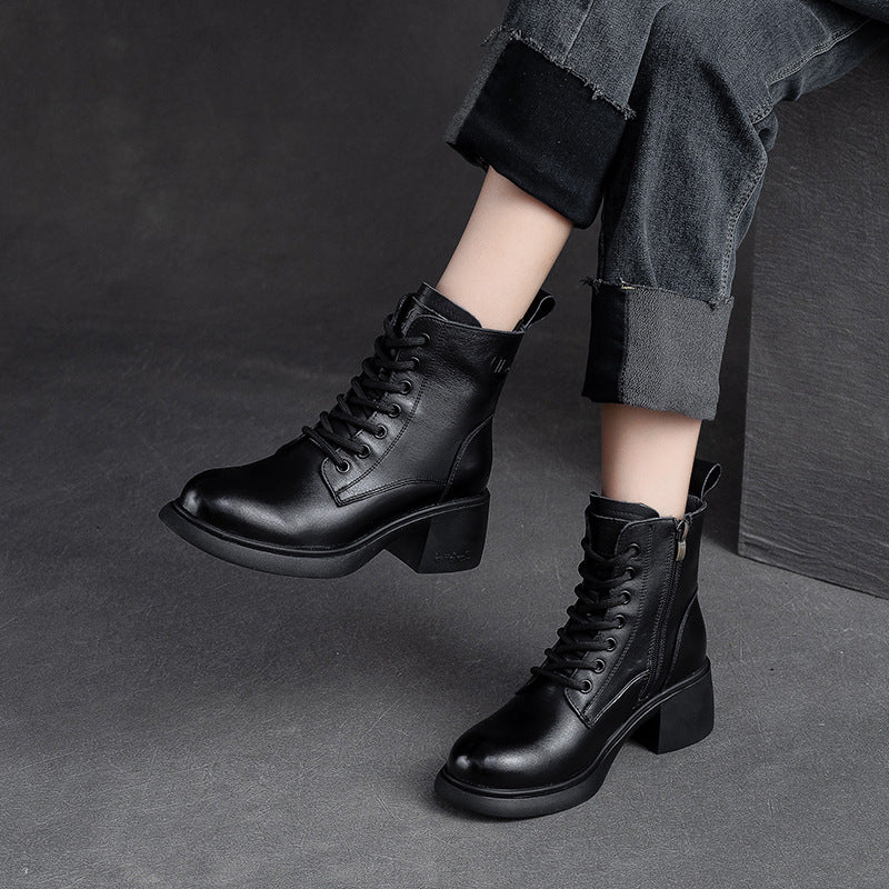 Women Retro Classic Leather Patchwork Chunky Heel Boots Newgew Shoes