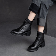 Women Retro Classic Leather Patchwork Chunky Heel Boots Newgew Shoes