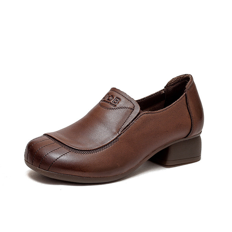 Women Retro Leather Chunky Heel Casual Shoes Newgew Shoes