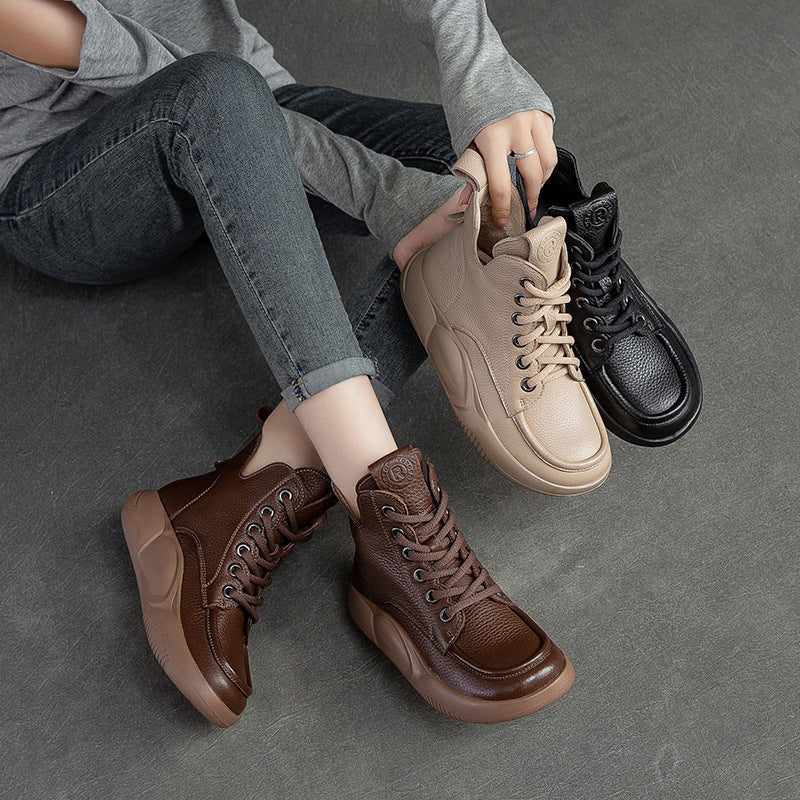 Women Retro Casual Solid Cowhide Boots Newgew Shoes