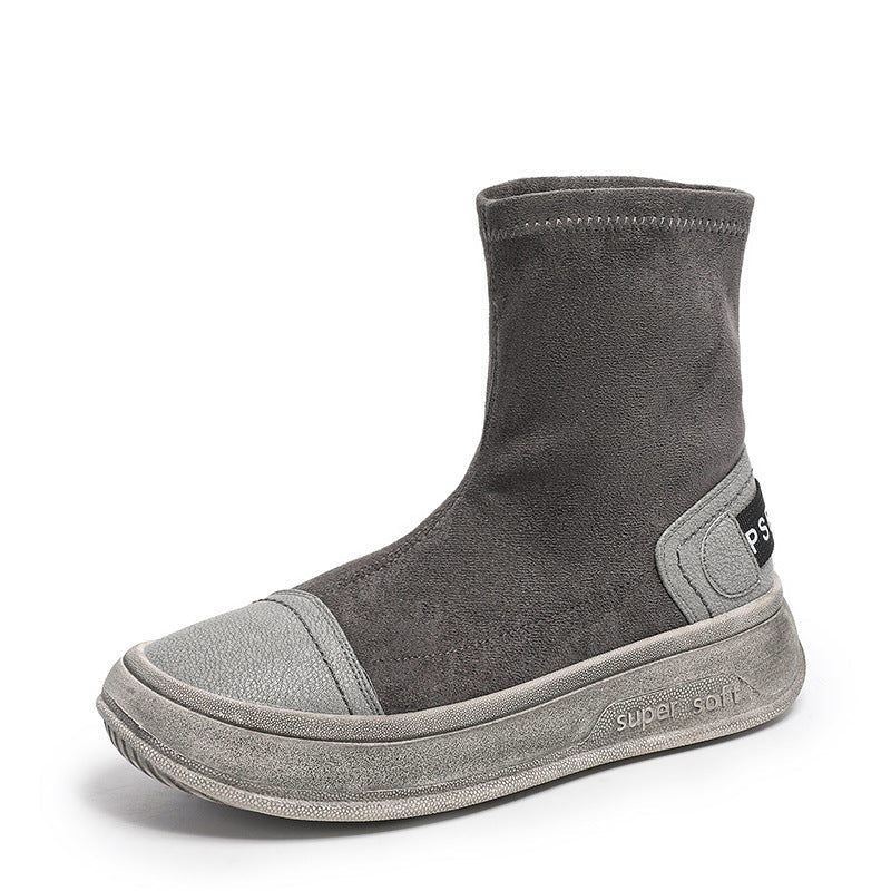 Women Minimalist Patchwork Elastic Canvas Flat Boots Newgew Shoes