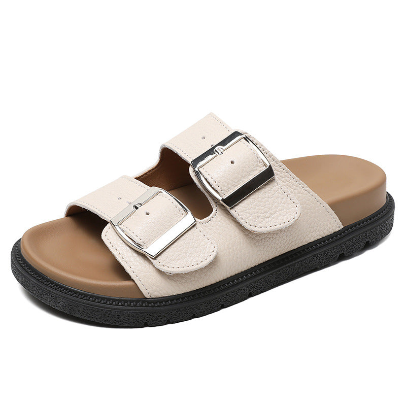 Women Retro Leather Casual Buckle Slides Newgew Shoes