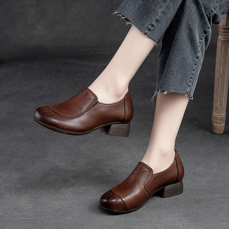 Women Retro Leather Chunky Heel Casual Shoes Newgew Shoes