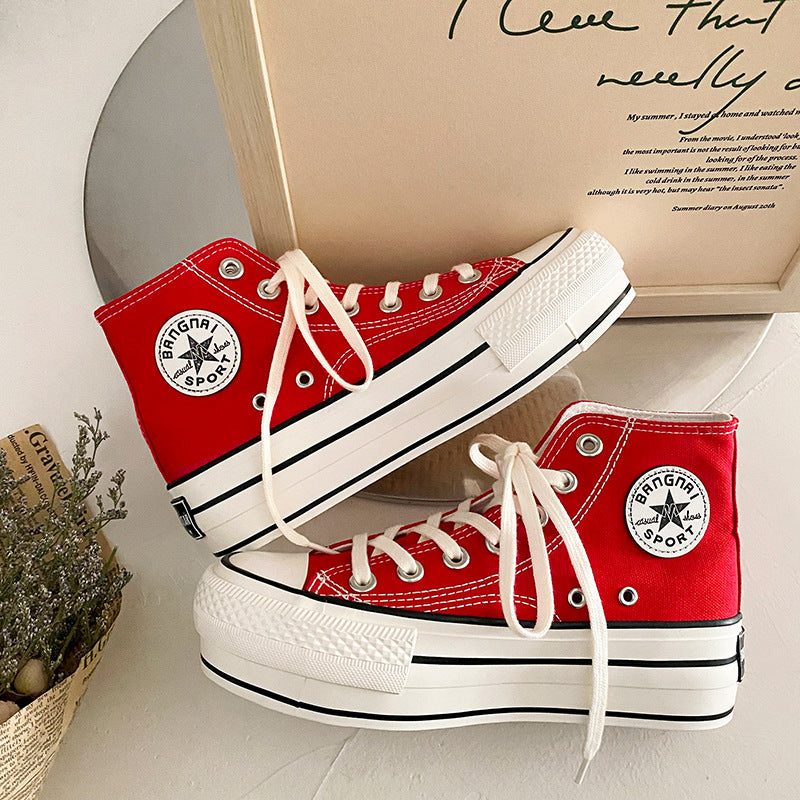 Women's White Thick-soled Thin Color Board Canvas Shoes Newgew
