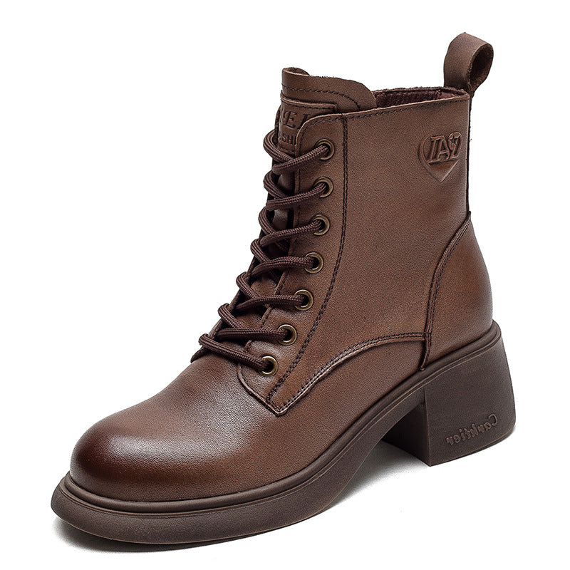 Women Retro Classic Leather Patchwork Chunky Heel Boots Newgew Shoes
