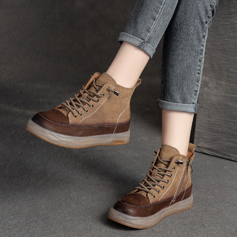 Women Retro Color Matching Patchwork Leather Boots Newgew Shoes