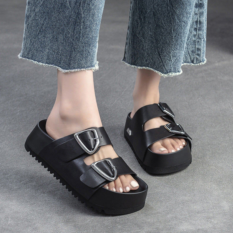 Women Soft Leather Thick Soled Casual Slides Sandals Newgew Shoes